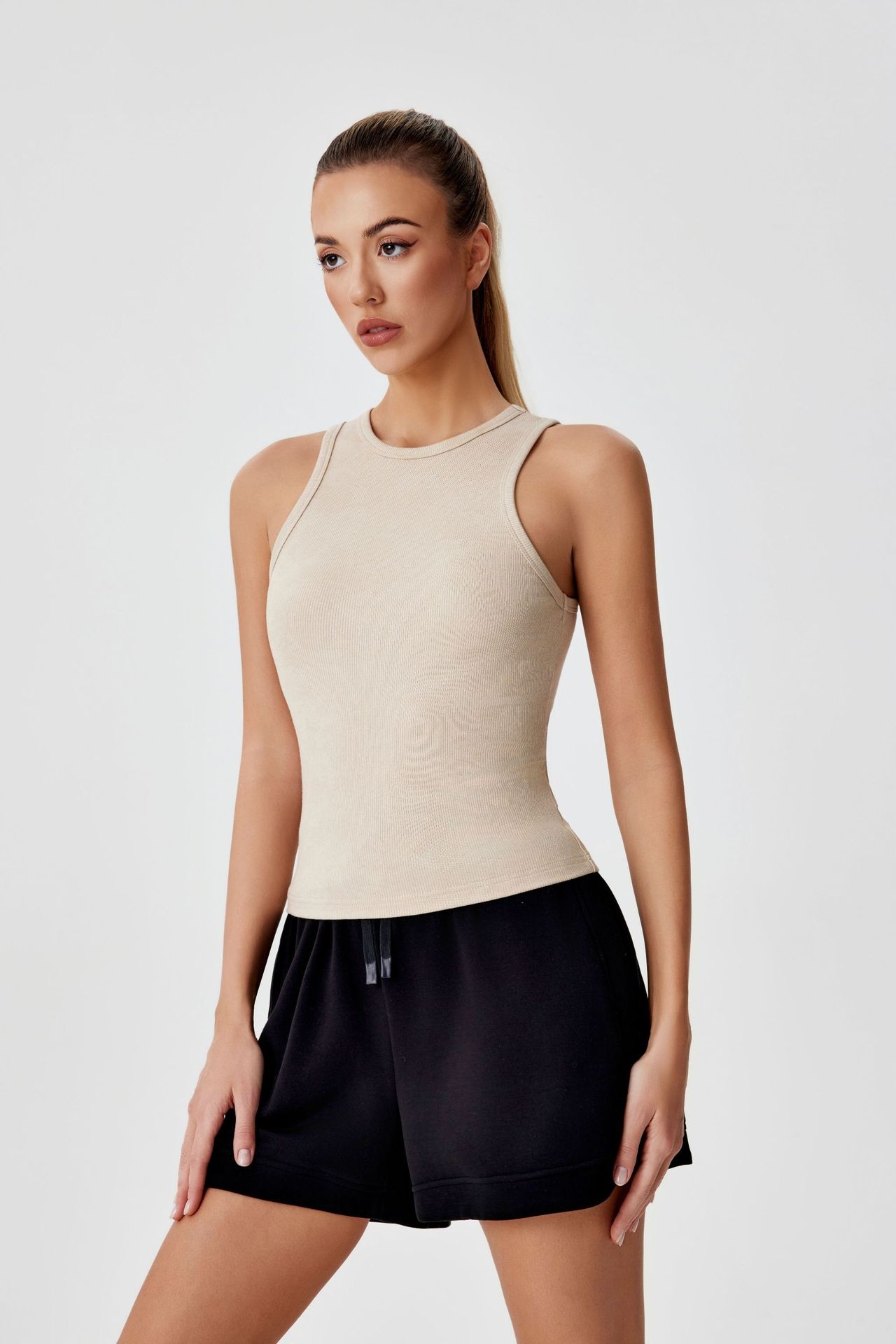 001 Cross-border Ribbed Shiny Silk Nude Top For Women, Sweat-absorbing Sports Sleeveless Vest, Round Neck Summer Outdoor_voghion.com