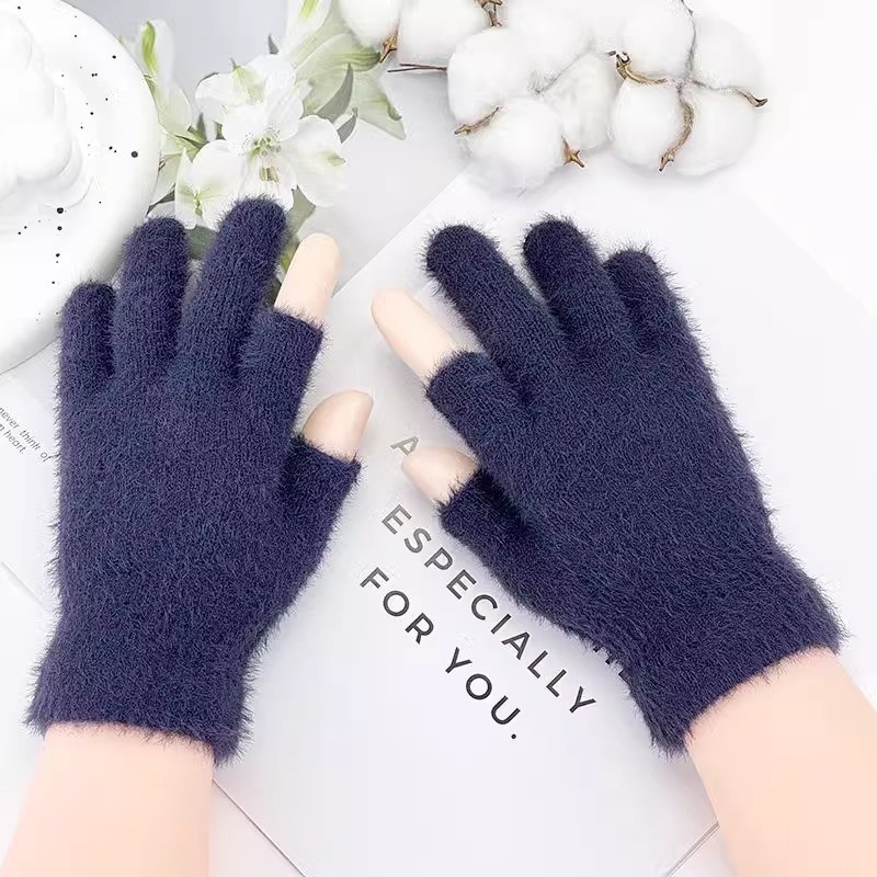 ActiveGo Winter Warm Plush Thickened Cold-Proof Student Two-Finger Exposed Outdoor Cycling Skiing Gloves_voghion.com