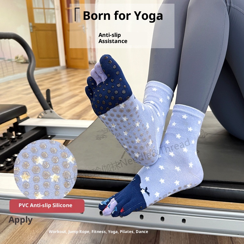 001 Calzini da yoga in cotone a cinque dita per donna, a metà polpaccio, autunno e inverno, nuovi separatori dita in gomma stampati con cartoni animati sportivi_voghion.com