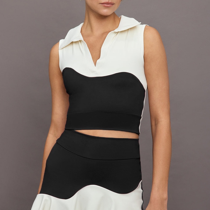 001 Najlepiej sprzedający się zestaw do jogi dla kobiet z bluzką w blokach kolorów i spódniczką do golfa i tenisa, oddychającą i antypoślizgową_voghion.com