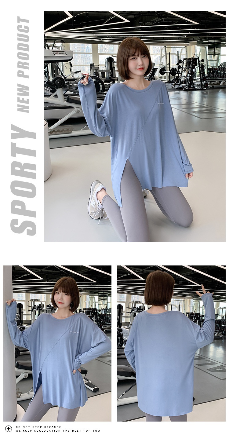T-shirt de yoga à séchage rapide 001 avec fente, haut de sport ample pour femme, idéal pour la course à pied, grande taille, vêtements de fitness à manches longues_voghion.com