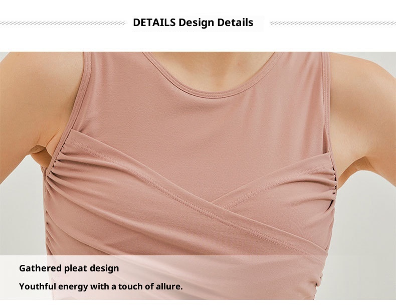 001 Summer New Short Sports Vest For Women Sleeveless T-Shirt Fitness Top Cross Ruched Slim Fit With Chest Pad Yoga Wear_voghion.com