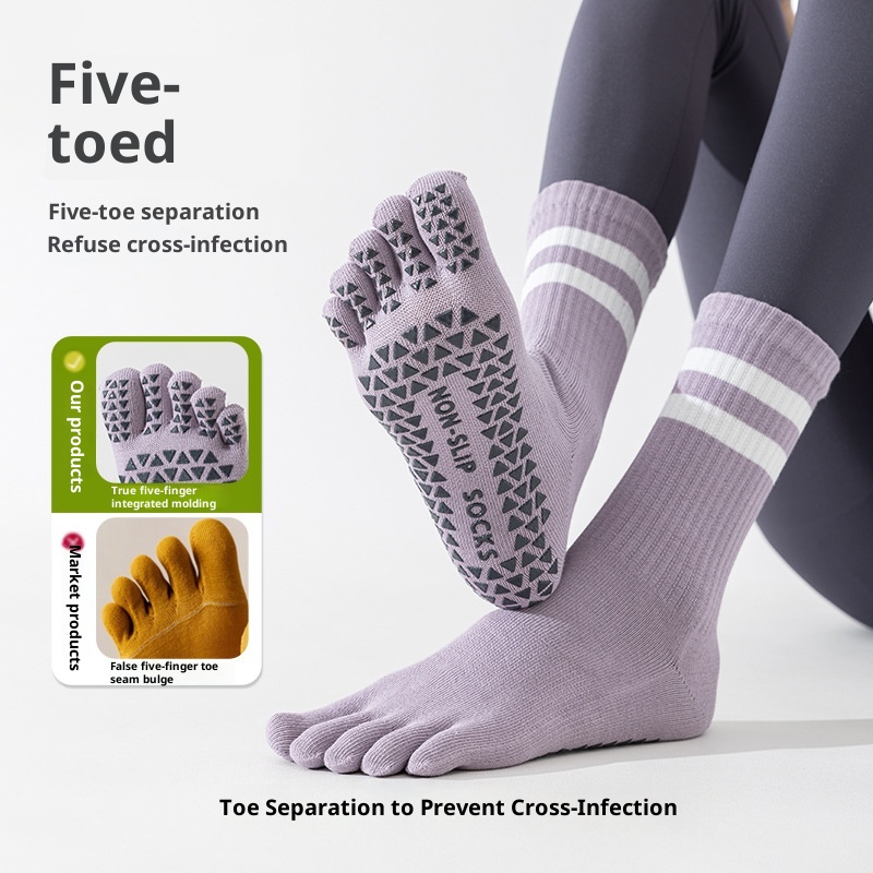 Chaussettes de yoga et de pilates d'intérieur Zhuji pour femmes, en pur coton, à cinq orteils, antidérapantes et tubulaires, avec séparateur d'orteils. Modèle 001._voghion.com