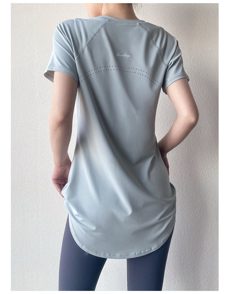 T-shirt de yoga 001 à manches courtes, idéal pour l'été. Coupe mi-longue couvrant les hanches, amincissant, séchage rapide et respirant. Parfait pour le sport et le fitness._voghion.com