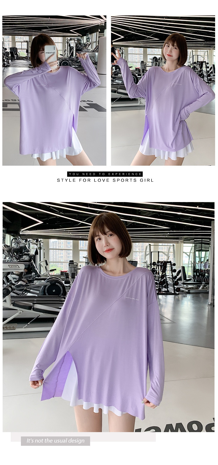 T-shirt de yoga à séchage rapide 001 avec fente, haut de sport ample pour femme, idéal pour la course à pied, grande taille, vêtements de fitness à manches longues_voghion.com