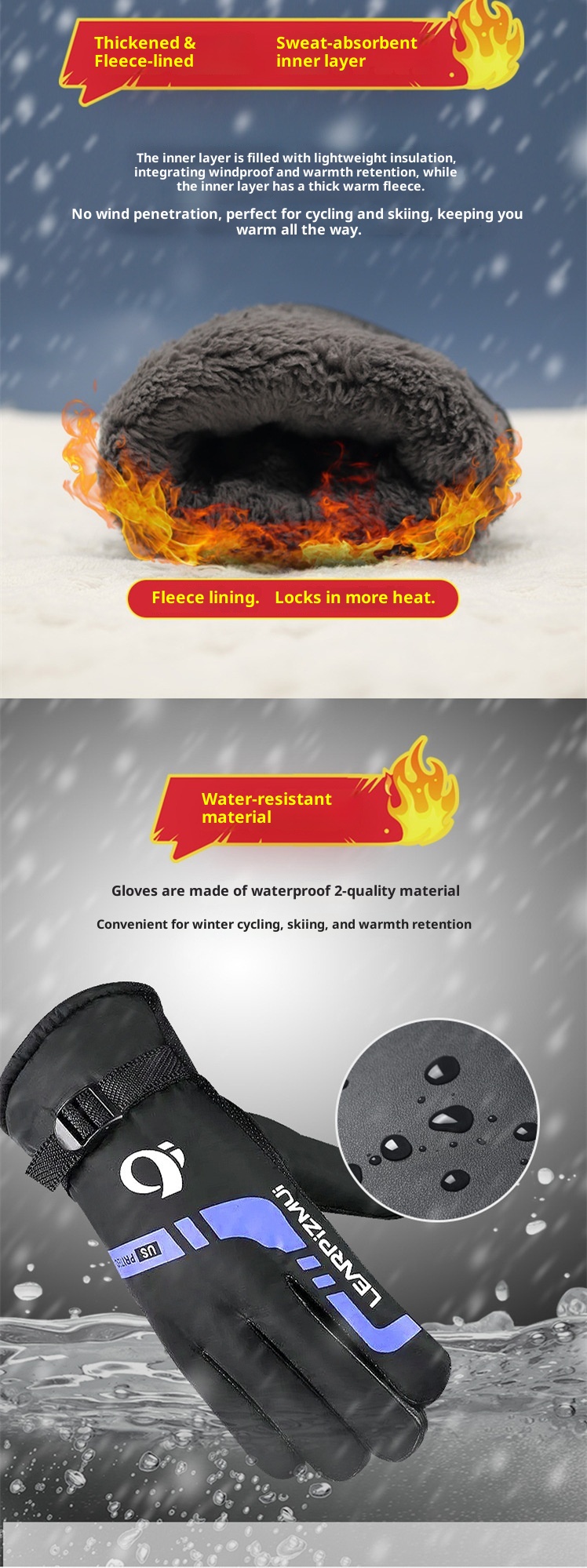 Guanti caldi ActiveGo con fodera in pile, spessi per l'inverno, da uomo, per ciclismo, all'aperto, antifreddo, grandi, da sci e moto, in cotone_voghion.com