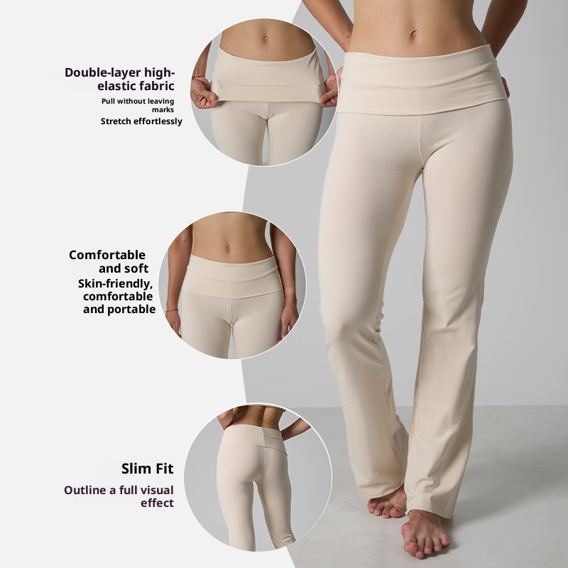 Pantalon 001 à ourlet roulé, en coton et élasthanne respirant et doux pour la peau, coupe évasée, taille haute, éco-responsable, idéal pour le yoga et les femmes._voghion.com