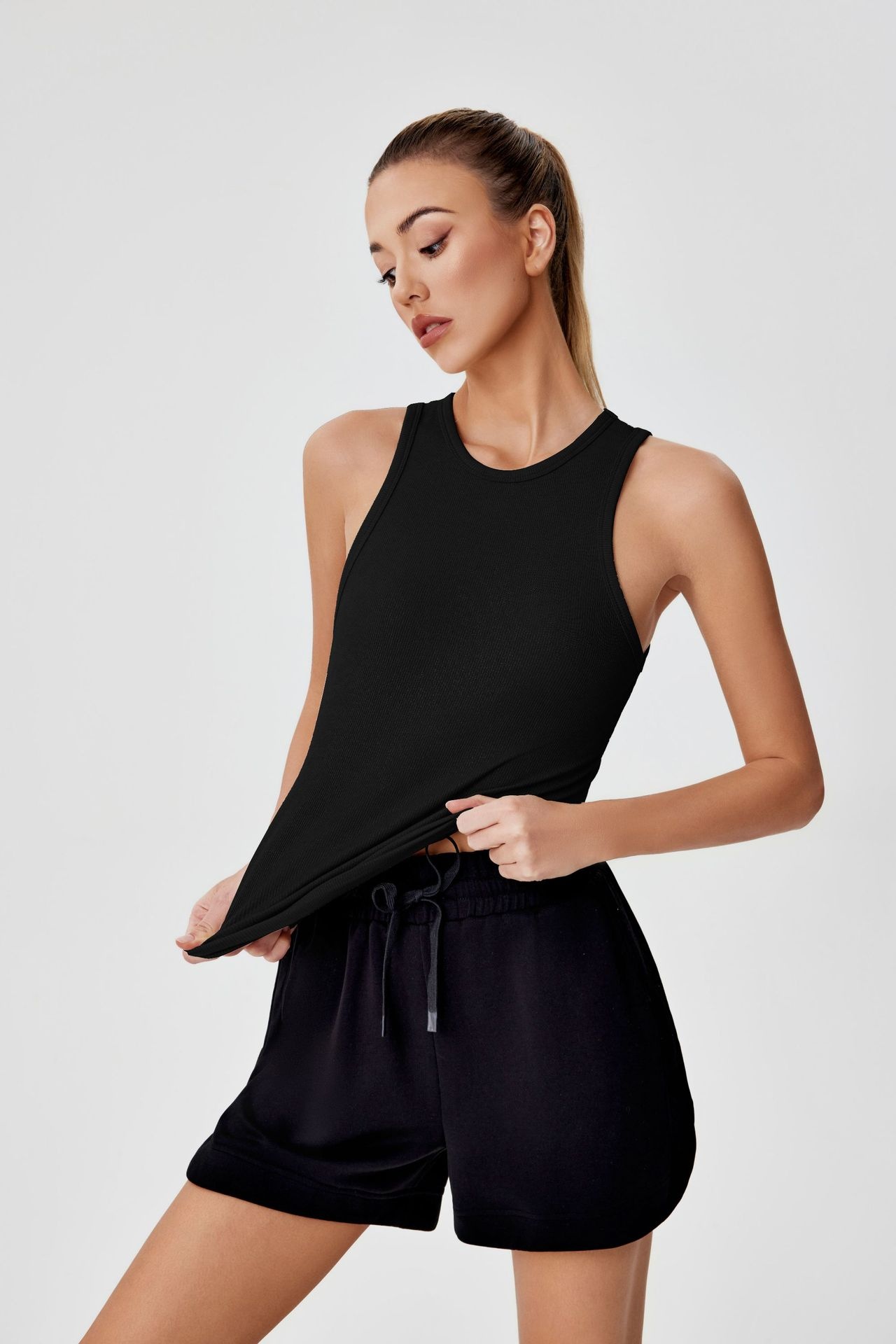 001 Cross-border Ribbed Shiny Silk Nude Top For Women, Sweat-absorbing Sports Sleeveless Vest, Round Neck Summer Outdoor_voghion.com