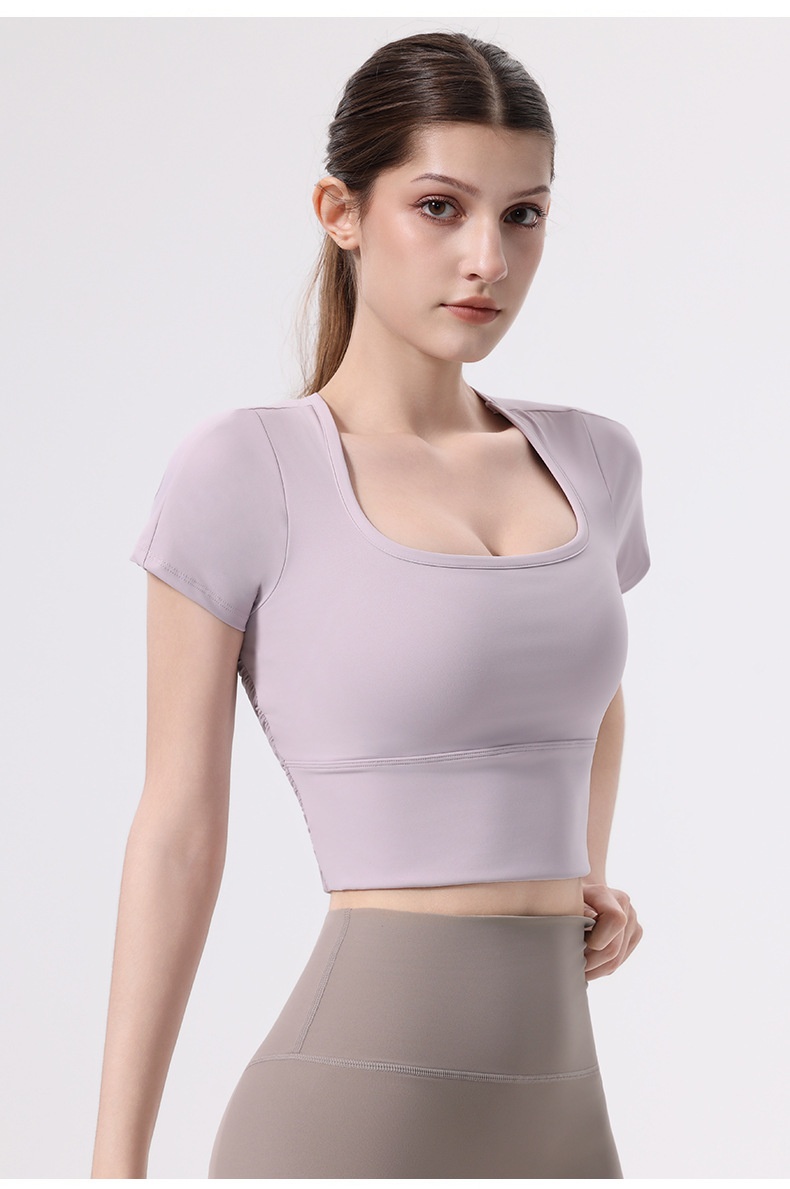001 Yoga With Chest Pads Women Sports T-Shirt Fitness Tops Quick-Drying Running Short-Sleeved Gym Pilates Training Clothes_voghion.com