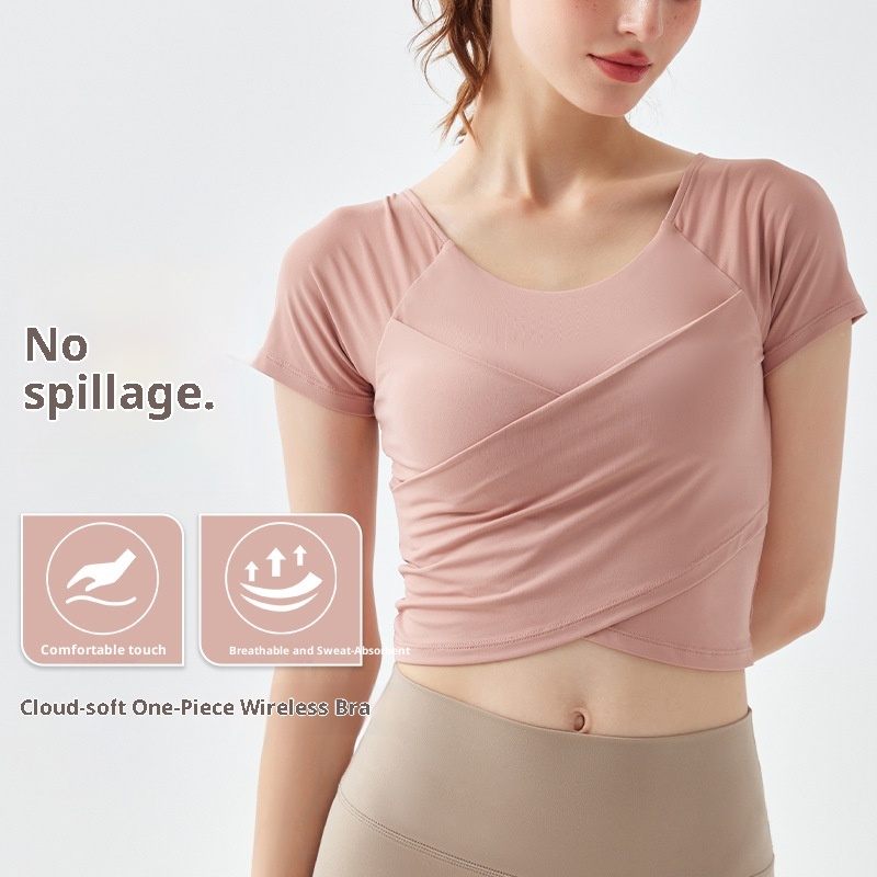 001 Summer Thin Padded Short Sleeve T-Shirt Running Sports Slim Cross Top Yoga Breathable Quick-Dry Fitness Clothing_voghion.com