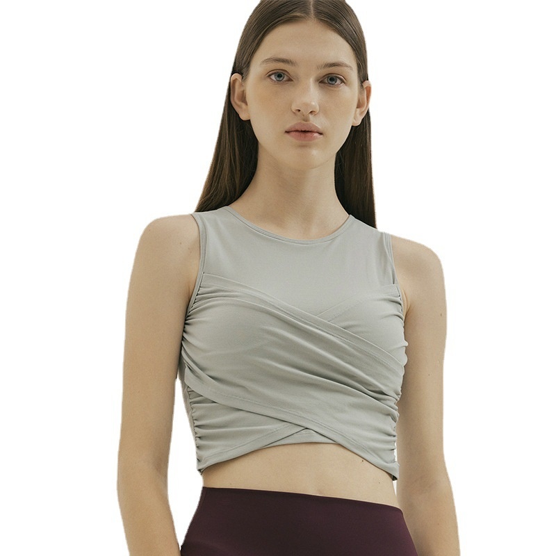 001 Summer New Short Sports Vest For Women Sleeveless T-Shirt Fitness Top Cross Ruched Slim Fit With Chest Pad Yoga Wear_voghion.com