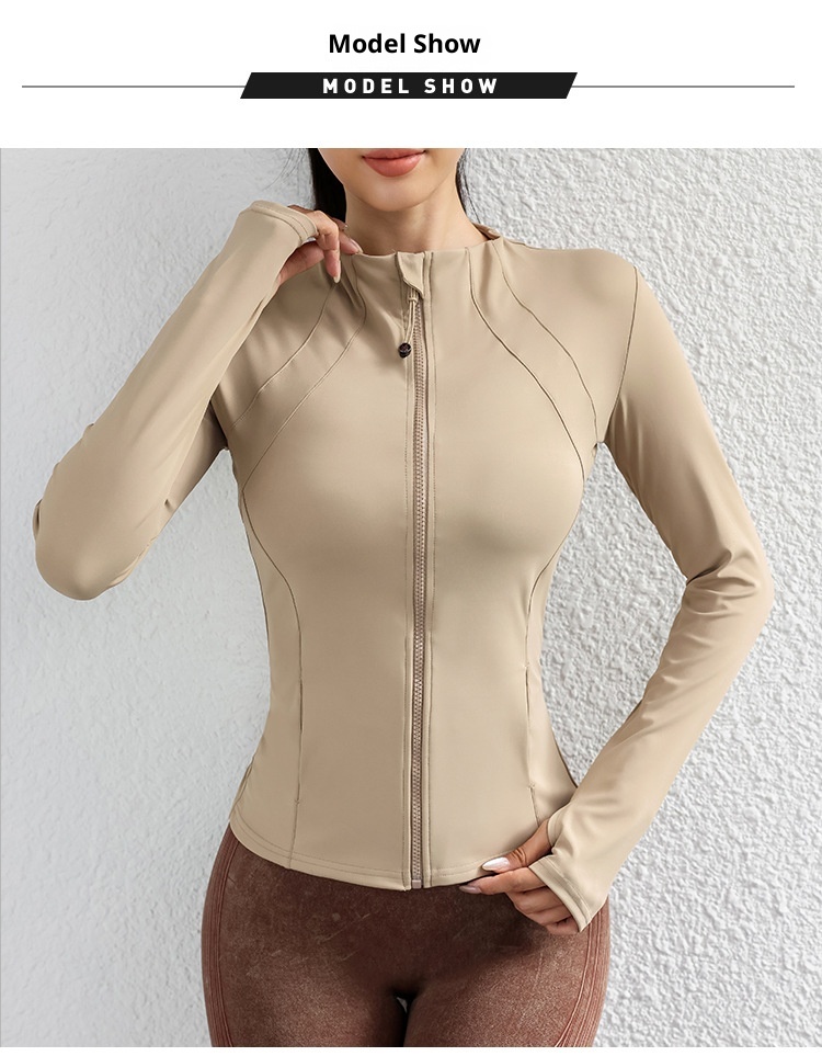 001 Giacca sportiva da corsa, ciclismo e yoga con colletto rialzato, con cerniera, a maniche lunghe, vestibilità slim, snellente, fitness, sole_voghion.com