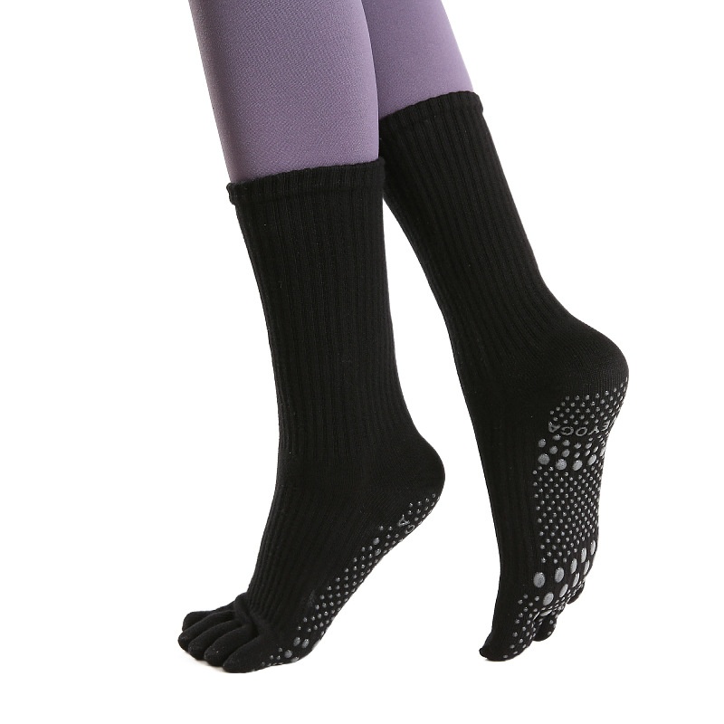 001 Professionelle, rutschfeste, mittelhohe Baumwoll-Sportsocken für Damen mit fünf Zehen, ideal für Yoga und Yoga._voghion.com