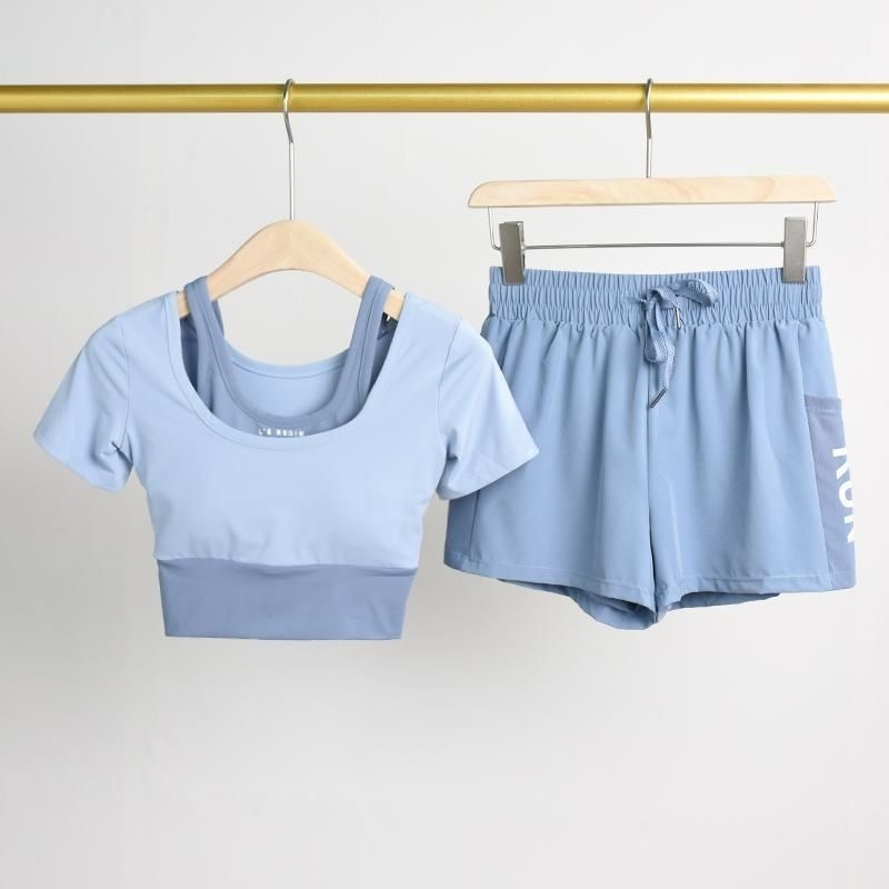 001 Pantaloncini sportivi da yoga a maniche corte con imbottitura sul petto, set da corsa traspirante per donna, estate, sottile_voghion.com