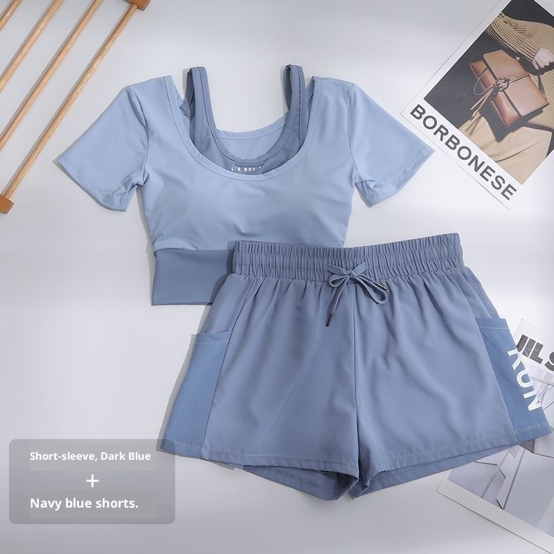 001 Pantaloncini sportivi da yoga a maniche corte con imbottitura sul petto, set da corsa traspirante per donna, estate, sottile_voghion.com