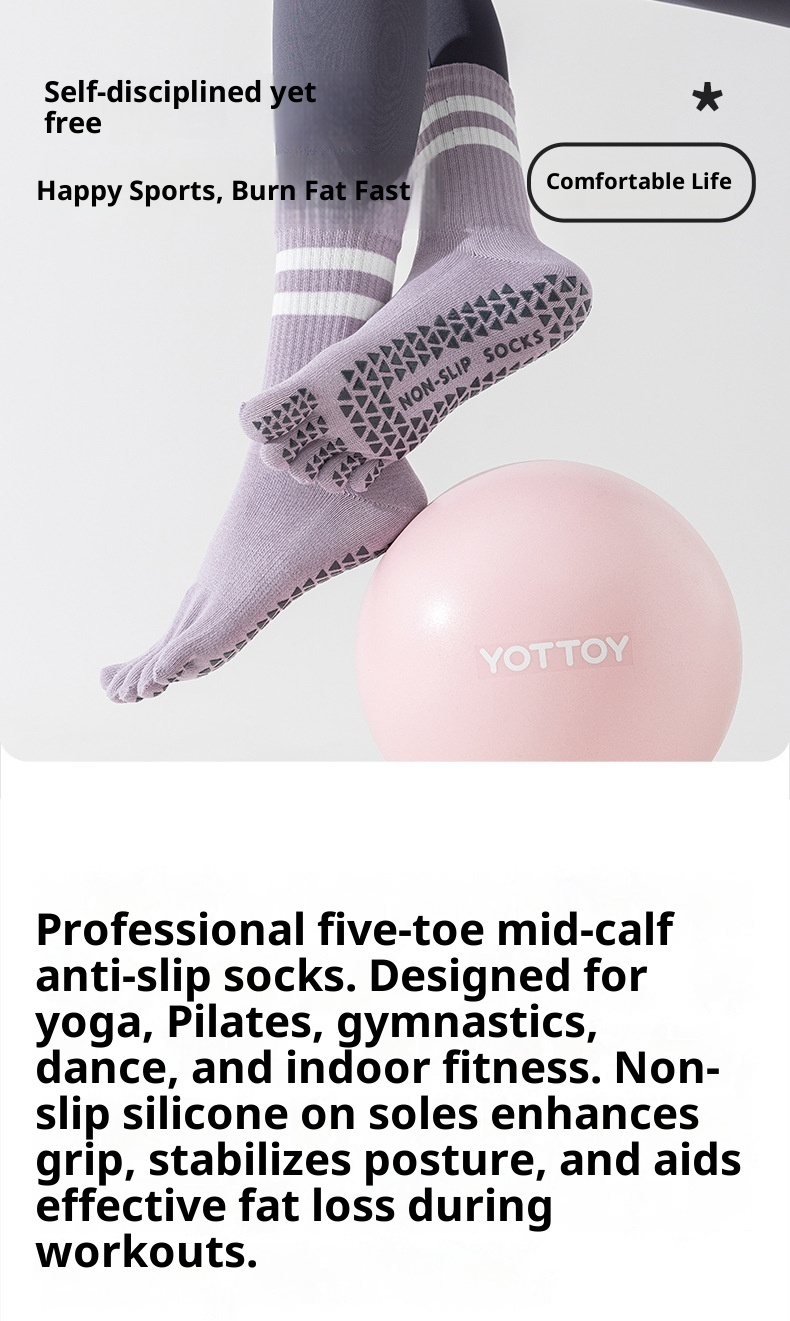 Chaussettes de yoga et de pilates d'intérieur Zhuji pour femmes, en pur coton, à cinq orteils, antidérapantes et tubulaires, avec séparateur d'orteils. Modèle 001._voghion.com