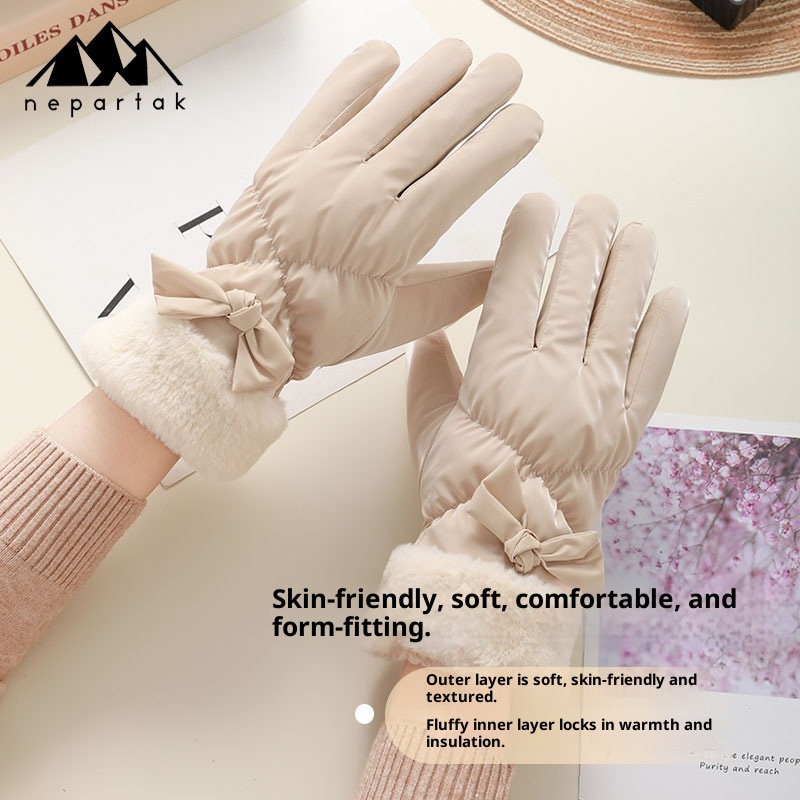 ActiveGo Winter Warm For Women Outdoor Cycling Fleece Lined Thickened Windproof Cold-Proof Touchscreen Cloud Velvet Bowknot Ski_voghion.com