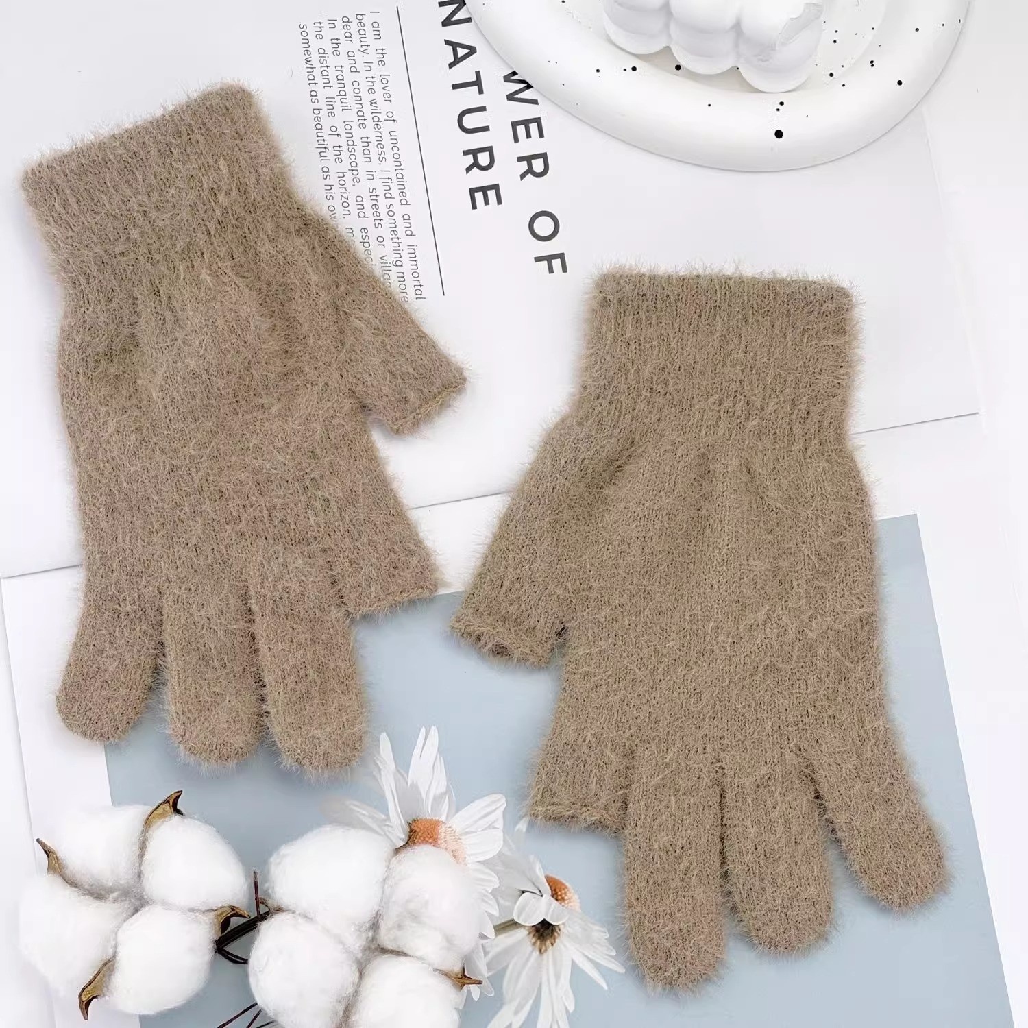 ActiveGo Winter Warm Plush Thickened Cold-Proof Student Two-Finger Exposed Outdoor Cycling Skiing Gloves_voghion.com