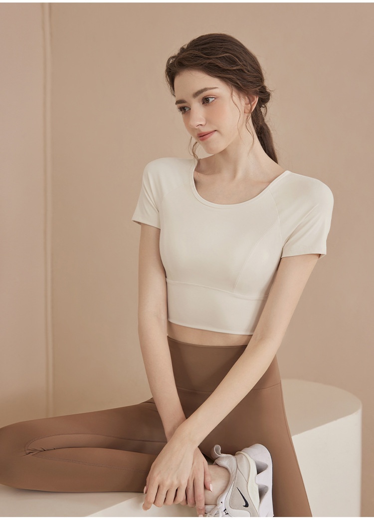 001 Backless Yoga Top For Women Summer Fitness Clothing Pilates Sports Set New Short Sleeve With Chest Pad Tight-Fitting_voghion.com