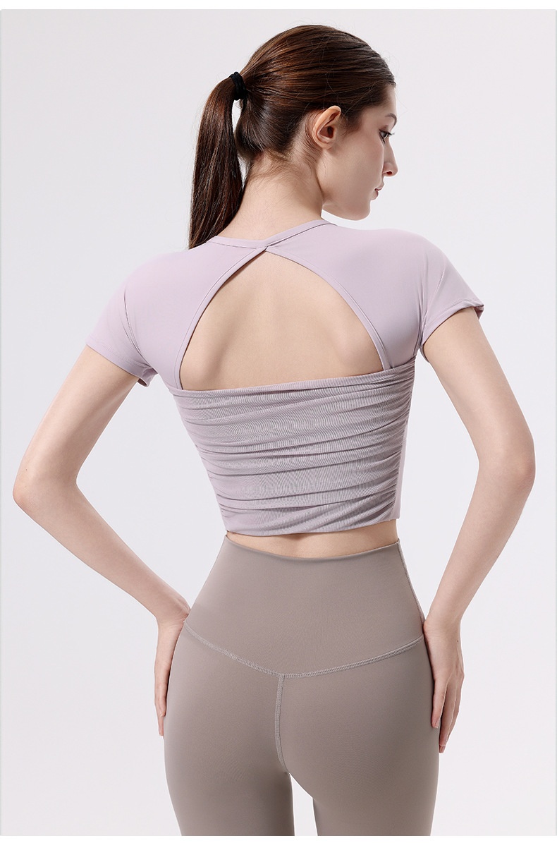 001 Yoga With Chest Pads Women Sports T-Shirt Fitness Tops Quick-Drying Running Short-Sleeved Gym Pilates Training Clothes_voghion.com