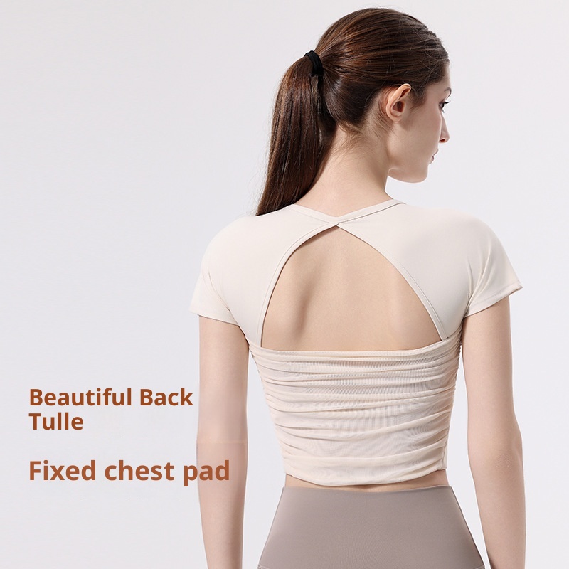 001 Yoga With Chest Pads Women Sports T-Shirt Fitness Tops Quick-Drying Running Short-Sleeved Gym Pilates Training Clothes_voghion.com