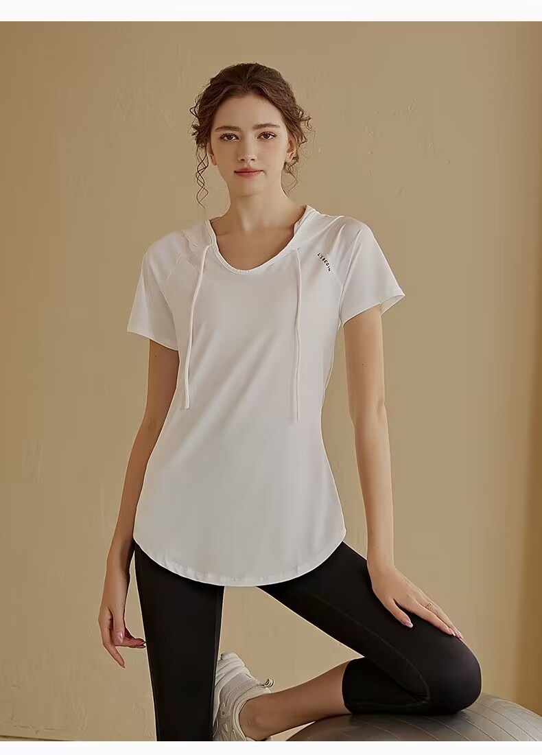 Camiseta deportiva de manga corta para mujer, holgada, adelgazante, de longitud media, con capucha, de secado rápido, para fitness y yoga._voghion.com