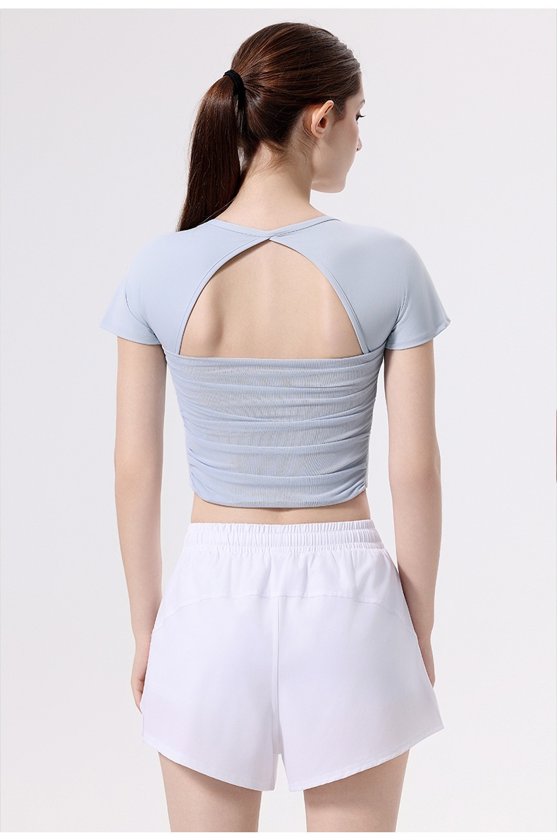 001 Yoga With Chest Pads Women Sports T-Shirt Fitness Tops Quick-Drying Running Short-Sleeved Gym Pilates Training Clothes_voghion.com