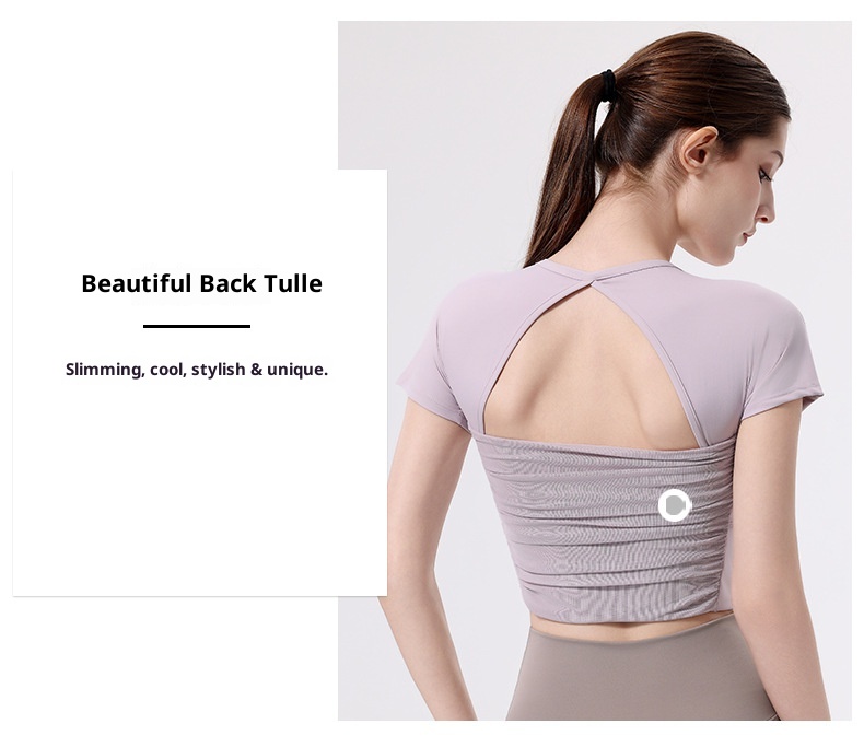 001 Yoga With Chest Pads Women Sports T-Shirt Fitness Tops Quick-Drying Running Short-Sleeved Gym Pilates Training Clothes_voghion.com