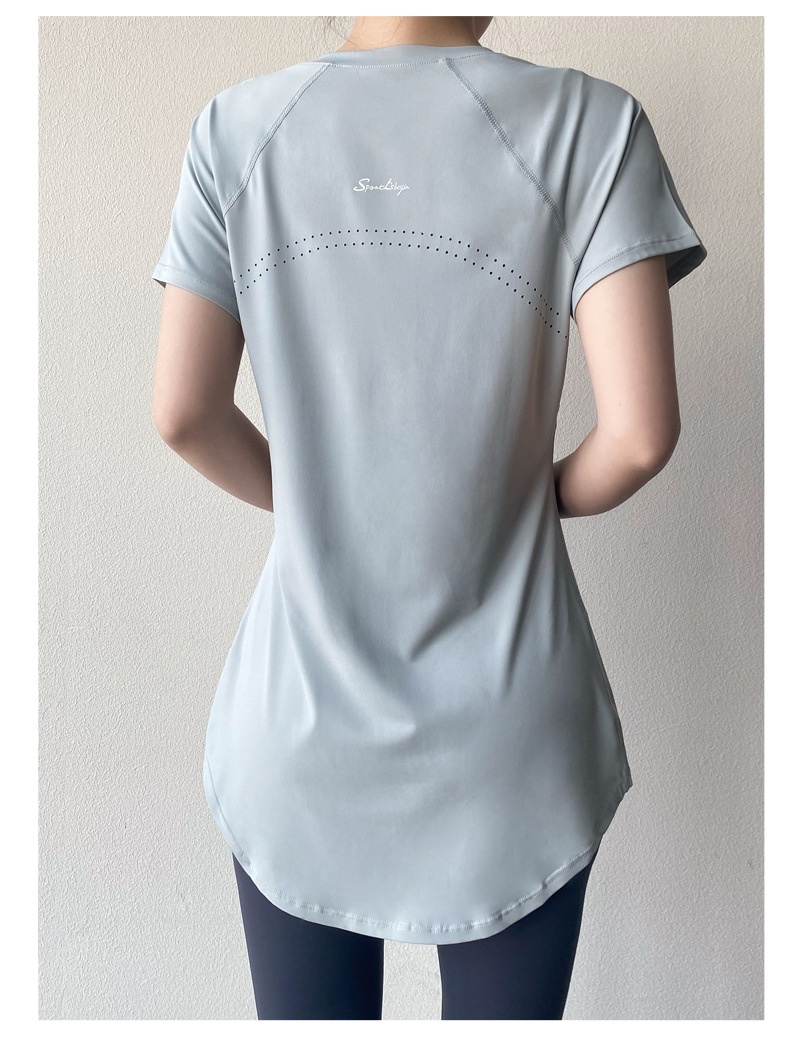 T-shirt de yoga 001 à manches courtes, idéal pour l'été. Coupe mi-longue couvrant les hanches, amincissant, séchage rapide et respirant. Parfait pour le sport et le fitness._voghion.com