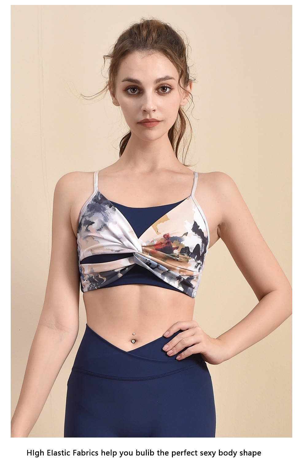 001 New Yoga Wear Fashion National Style Printed Fixed Chest Pad Sports Bra Front Tie Flower Thin Strap Fitness Vest For_voghion.com