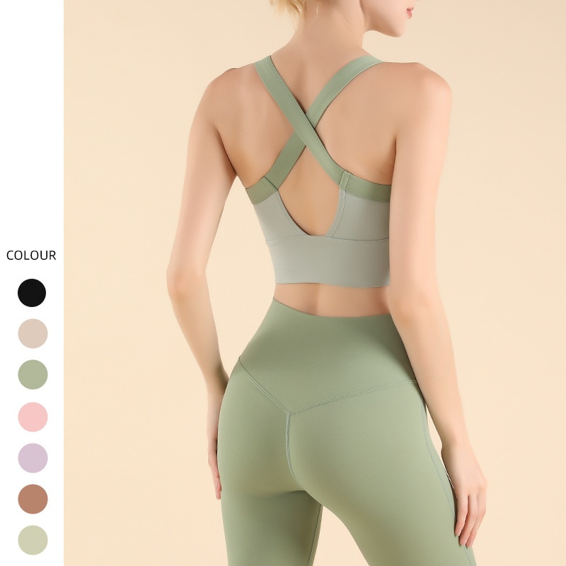 001 Farbblock-Sportset mit Cross-Design, Laufweste, High-Intensity-Yogaweste, Pilates-Fitnessweste mit integriertem Cup, schöne Rückenpartie_voghion.com