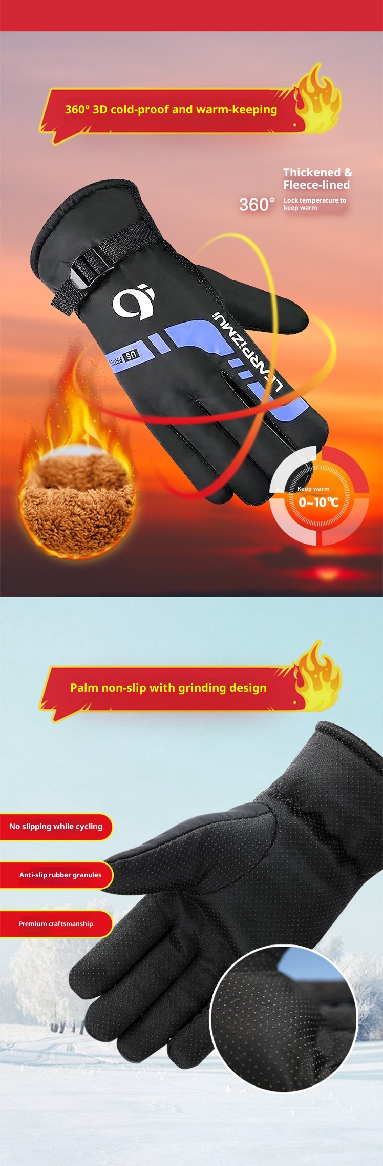 Guanti caldi ActiveGo con fodera in pile, spessi per l'inverno, da uomo, per ciclismo, all'aperto, antifreddo, grandi, da sci e moto, in cotone_voghion.com