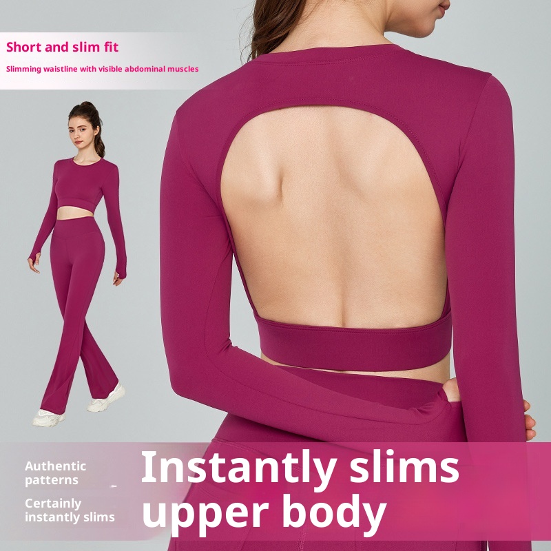 001 Cross-Border Sexy Back Yoga Shirt Long Sleeve With Chest Pad Slim Fit Short Sports Top Running Training Fitness Cover-Up_voghion.com