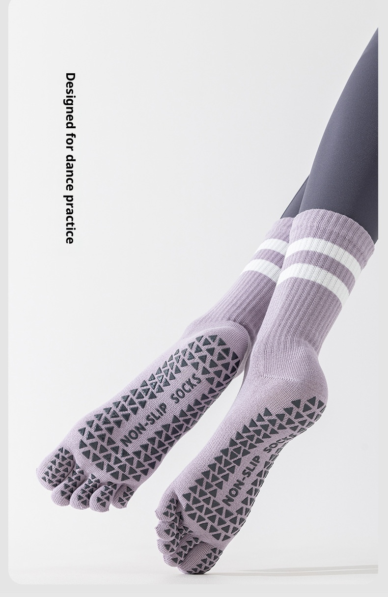 Chaussettes de yoga et de pilates d'intérieur Zhuji pour femmes, en pur coton, à cinq orteils, antidérapantes et tubulaires, avec séparateur d'orteils. Modèle 001._voghion.com