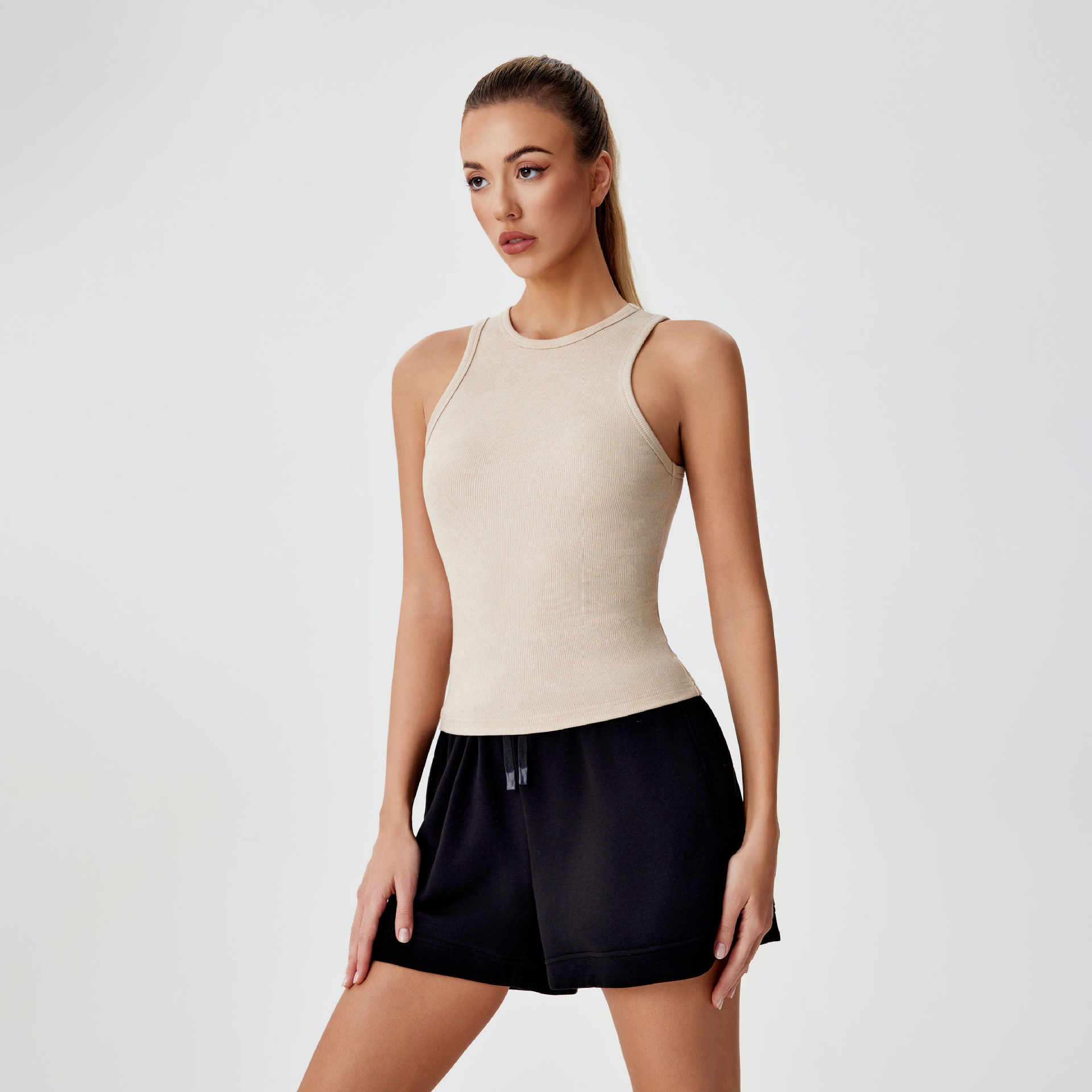 001 Cross-border Ribbed Shiny Silk Nude Top For Women, Sweat-absorbing Sports Sleeveless Vest, Round Neck Summer Outdoor_voghion.com