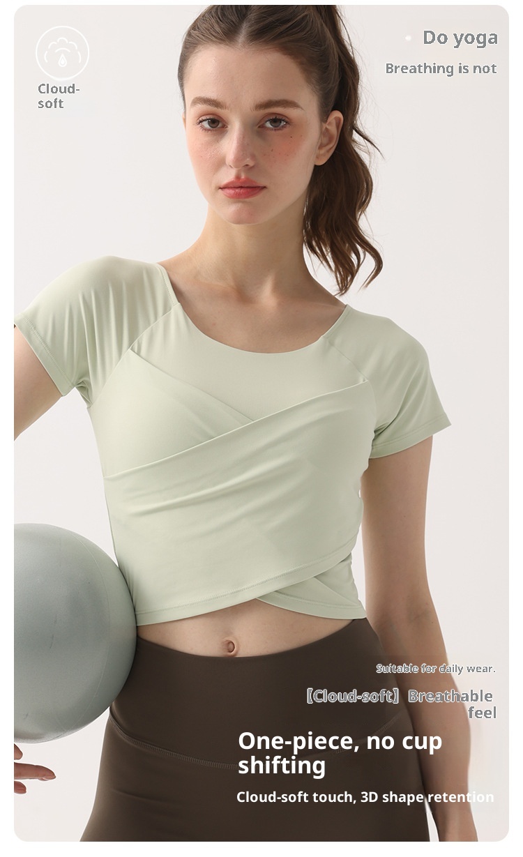 001 Summer Thin Padded Short Sleeve T-Shirt Running Sports Slim Cross Top Yoga Breathable Quick-Dry Fitness Clothing_voghion.com