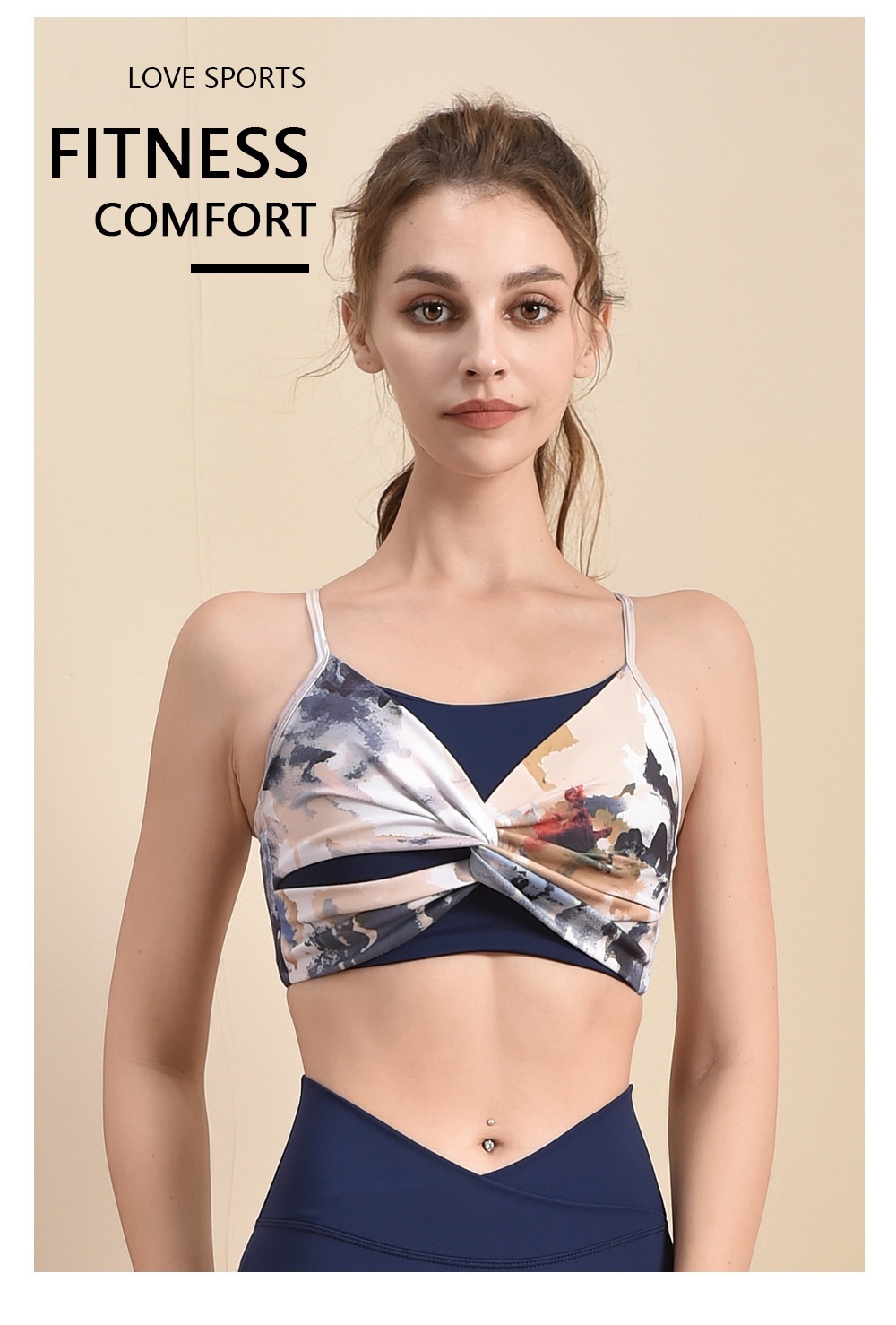 001 New Yoga Wear Fashion National Style Printed Fixed Chest Pad Sports Bra Front Tie Flower Thin Strap Fitness Vest For_voghion.com