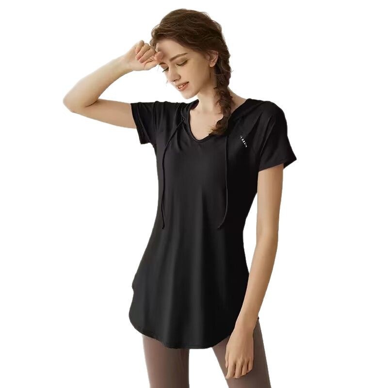Camiseta deportiva de manga corta para mujer, holgada, adelgazante, de longitud media, con capucha, de secado rápido, para fitness y yoga._voghion.com