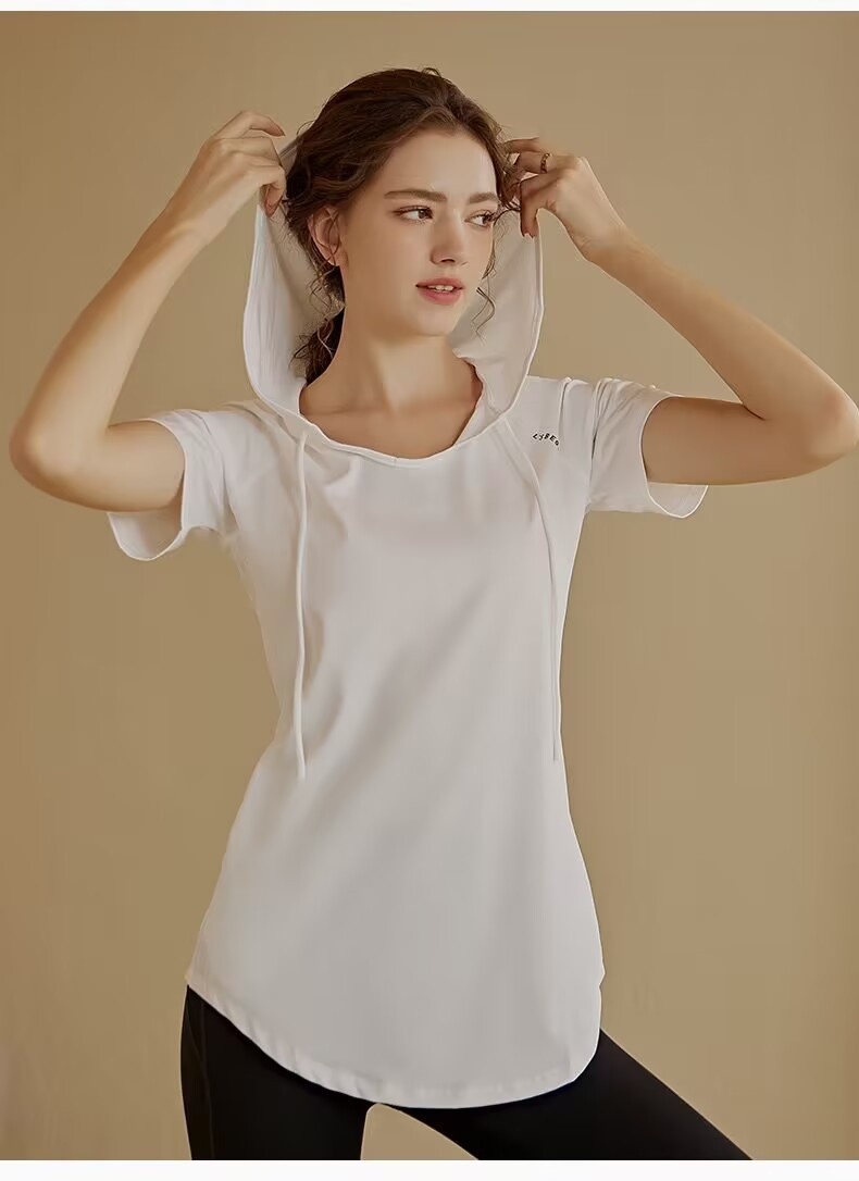 Camiseta deportiva de manga corta para mujer, holgada, adelgazante, de longitud media, con capucha, de secado rápido, para fitness y yoga._voghion.com