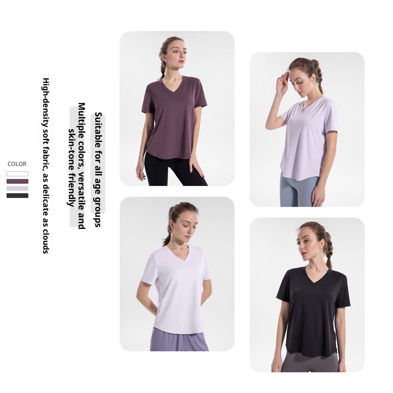 001 Maglietta da yoga con scollo a V taglie forti, a maniche corte, per donna, abbigliamento fitness, primavera estate, maglietta sportiva, corsa all'aperto_voghion.com