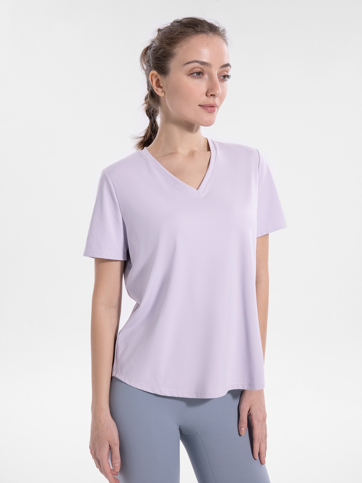 001 Maglietta da yoga con scollo a V taglie forti, a maniche corte, per donna, abbigliamento fitness, primavera estate, maglietta sportiva, corsa all'aperto_voghion.com