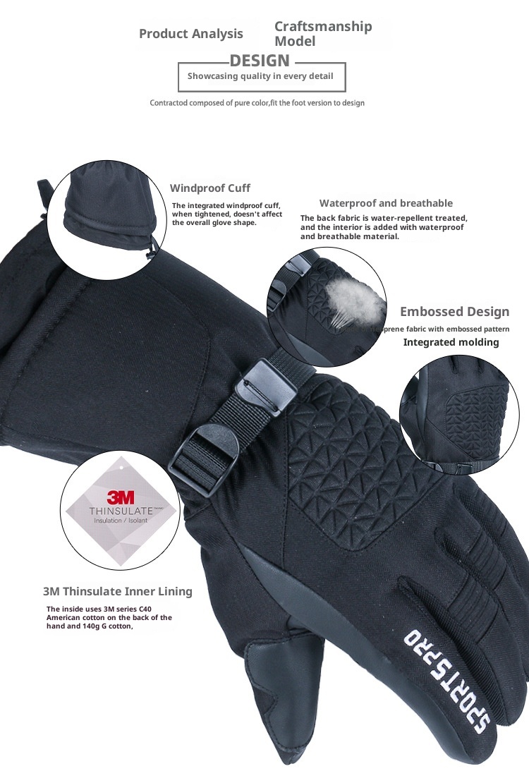 ActiveGo Kış Sıcak Kayak Eldivenleri Kalınlaştırılmış Rüzgar Geçirmez Su Geçirmez Tam Parmak Siyah Polar Astarlı Dağcılık Açık Hava Bisikleti_voghion.com