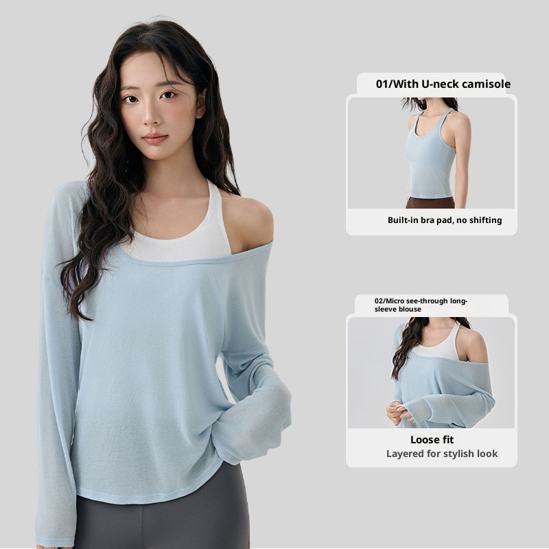 001 Yoga Suit For Women, High-End Layered Two-Piece Set, Breathable Long-Sleeve Top, Pilates Sports Vest With Chest Pads_voghion.com