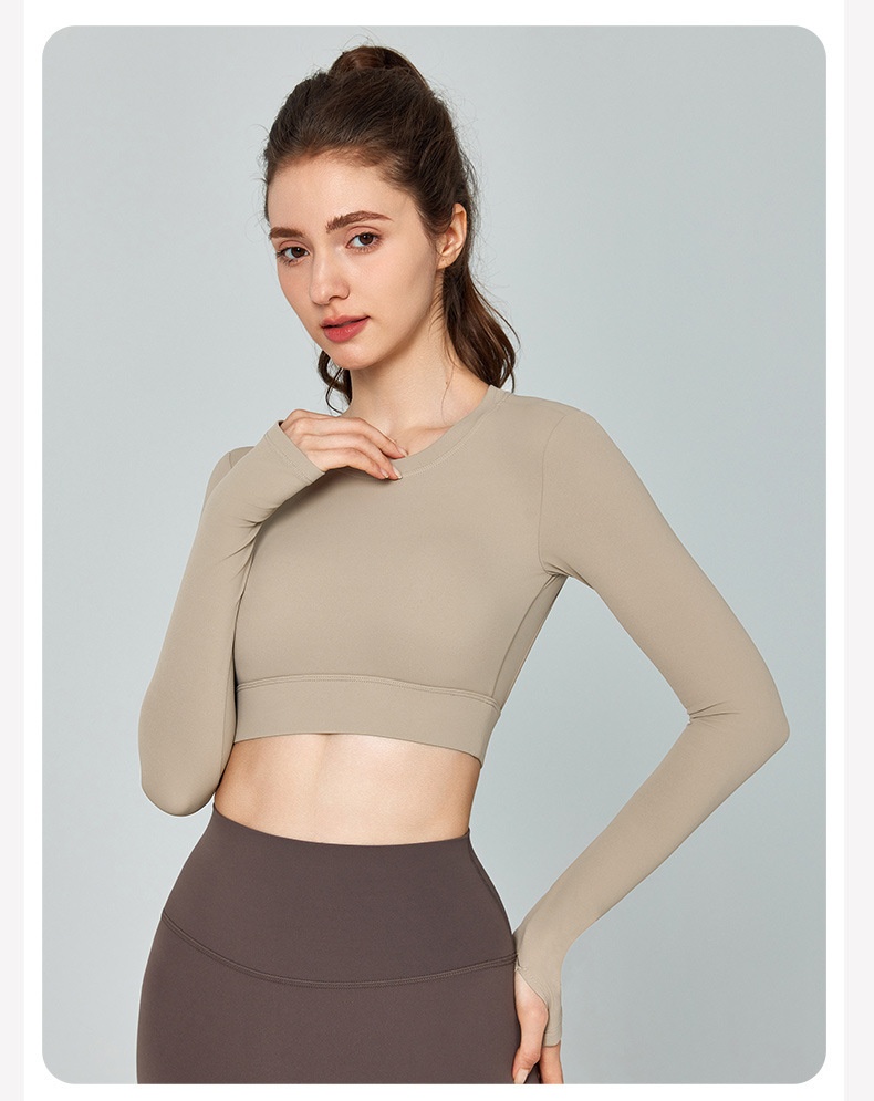 001 Cross-Border Sexy Back Yoga Shirt Long Sleeve With Chest Pad Slim Fit Short Sports Top Running Training Fitness Cover-Up_voghion.com