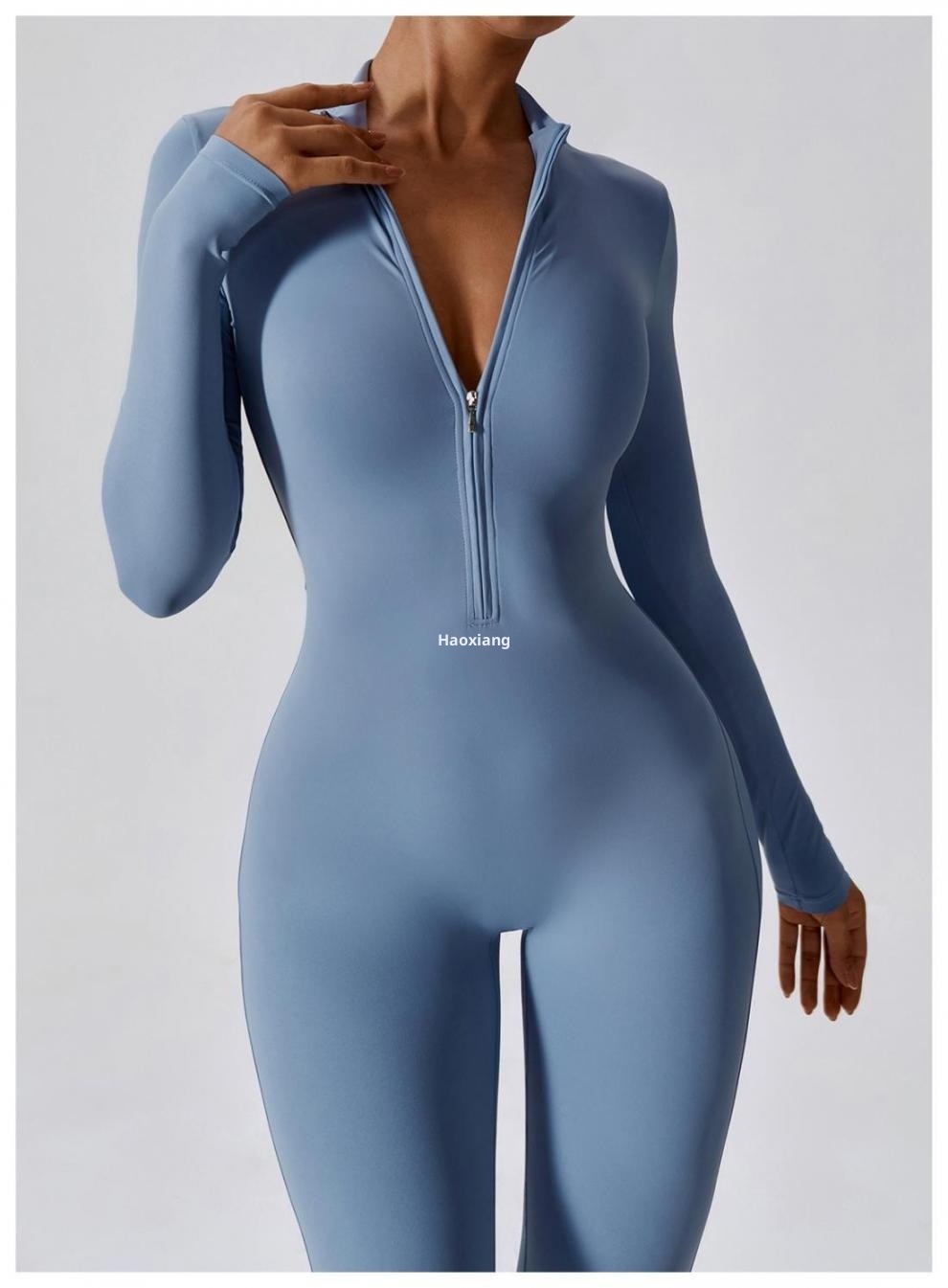 001 Bodysuit Long Sleeve Fitness Sports Outerwear One-piece Jumpsuit Women Yoga Suit European American Zipper Free Shipping_voghion.com