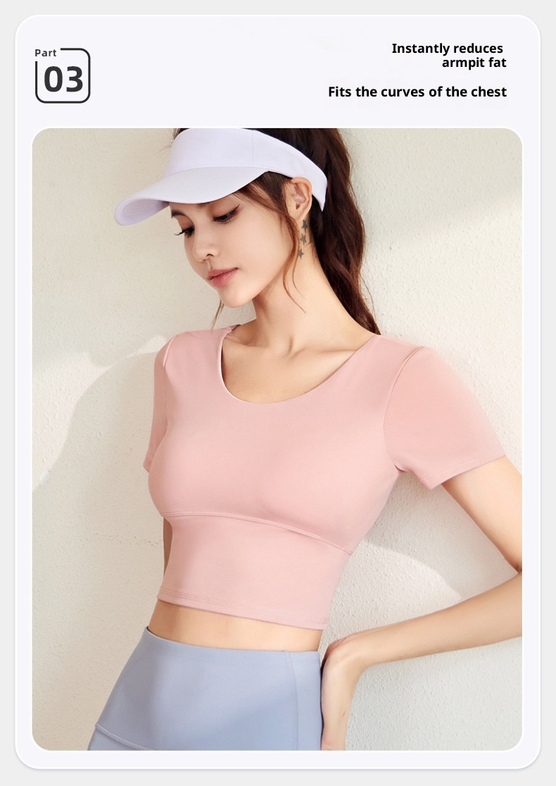001 Juyitang Beauty Back Yoga Top Short Sleeve Slim Fit Sports Shirt For Women With Chest Pads_voghion.com