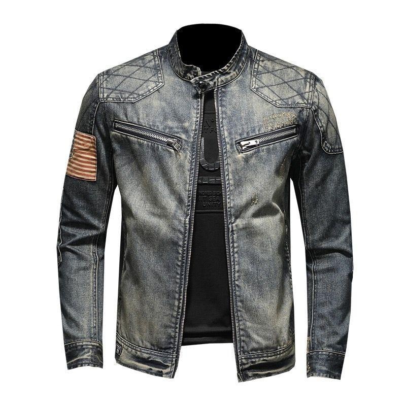 ActiveGo ActiveGo 2024 Spring Autumn Retro Denim Men's Trendy Brand European And American Street Style Motorcycle Workwear Stand Collar_voghion.com