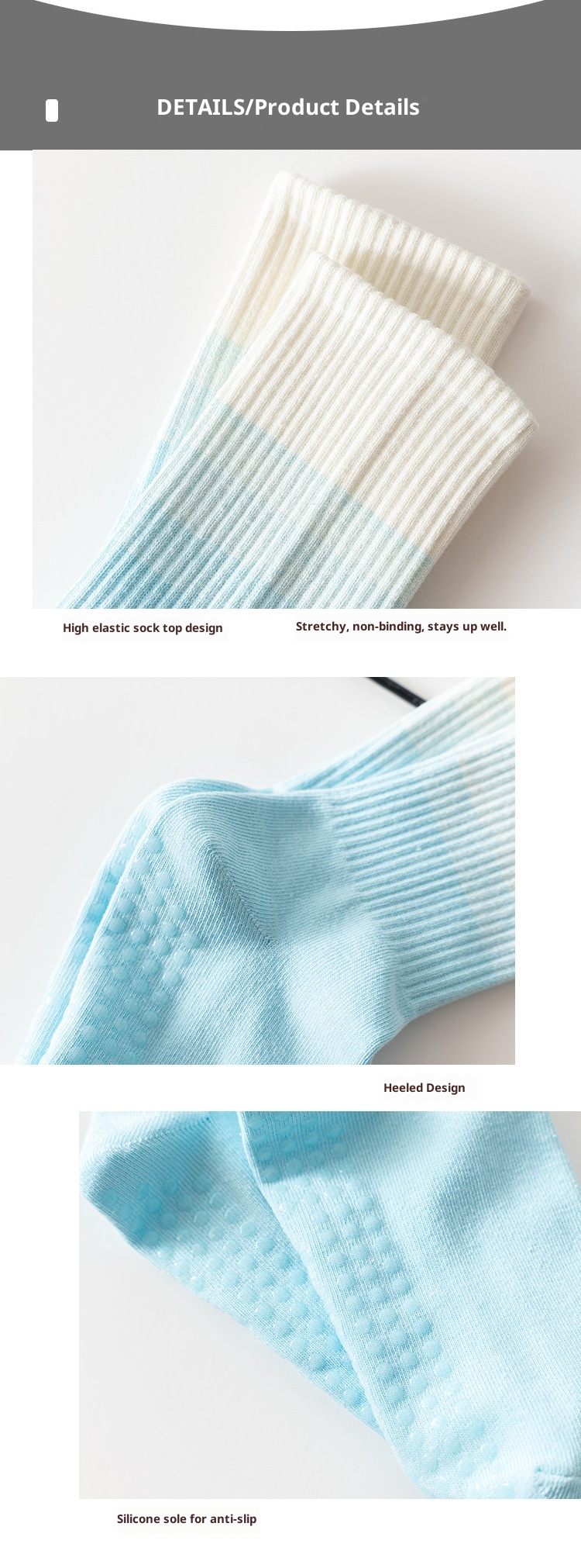 Chaussettes de yoga mi-mollet antidérapantes en silicone, couleur dégradée, pour femmes, idéales pour le fitness, le Pilates et la danse (vente en gros)._voghion.com