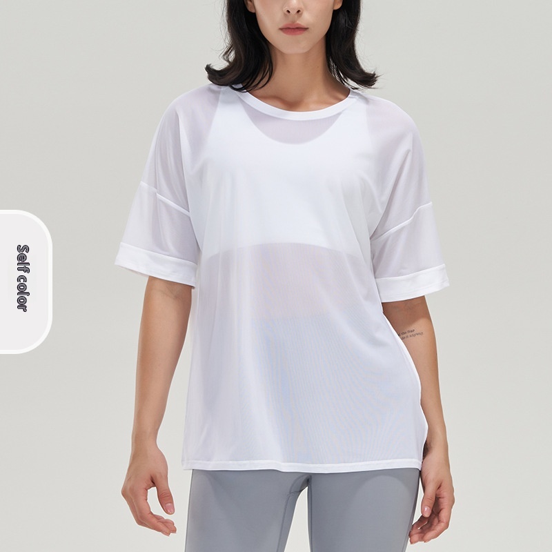 001 Camiseta deportiva de estilo europeo y americano para mujer, holgada, de manga corta, de secado rápido, transpirable, ideal para yoga y running._voghion.com