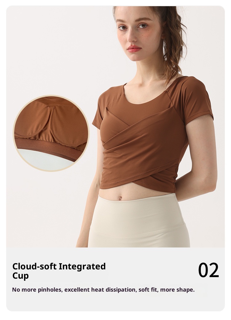 001 Summer Thin Padded Short Sleeve T-Shirt Running Sports Slim Cross Top Yoga Breathable Quick-Dry Fitness Clothing_voghion.com